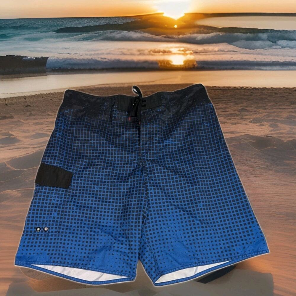 Mens Tony Hawk Swim Trunks Board Shorts Size XL Black Blue Squares Tie Lined